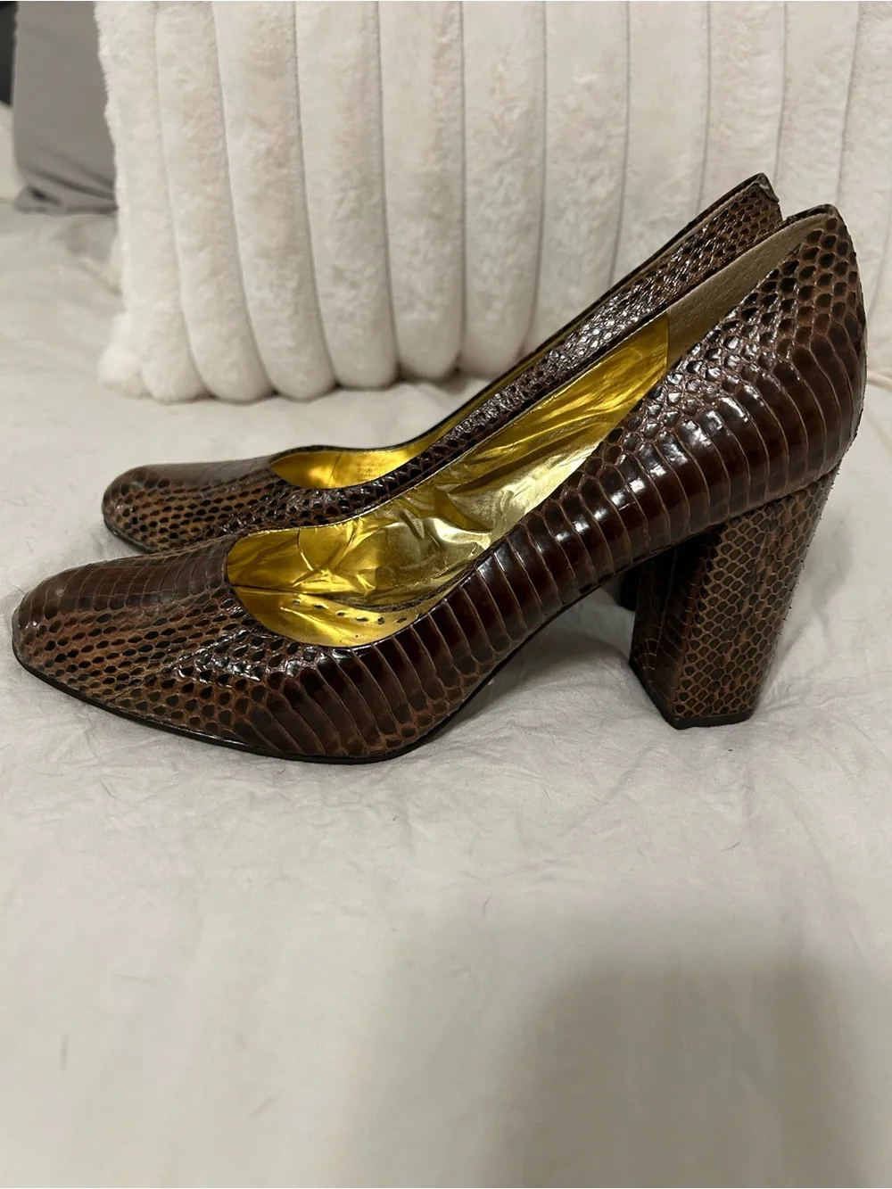 BCBGirls Brown Snake-Print Block Heel Pumps
